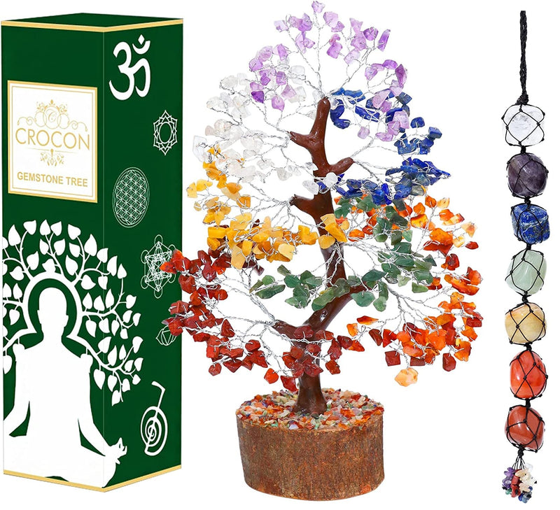 Chakra Tree of Life - 7 Chakra Tumble Stone Hanging, Crystal Tree for Positive Energy - Feng Shui Bonsai, Healing Stone, Attract Good Luck, Seven Chakra Gemstone Tree - Home Decoration, Spiritual Gift