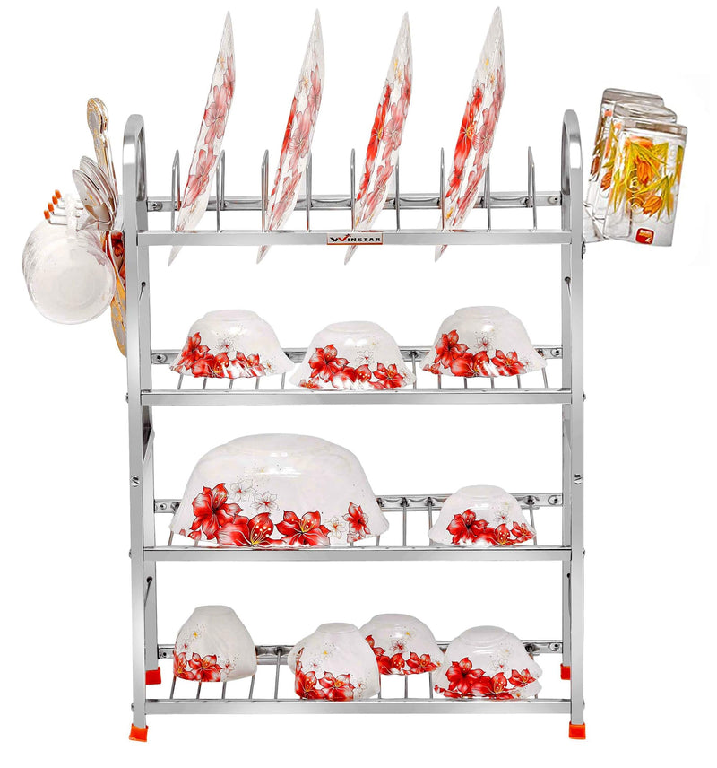 WINSTAR Stainless Steel 4 Shelf Wall Mount Kitchen Utensils Rack | Dish Rack with Plate & Cutlery Stand & Glass Holder | Modular Kitchen Storage Rack | (24 H X 18 L w/d Glass Holder, Tiered Shelf)