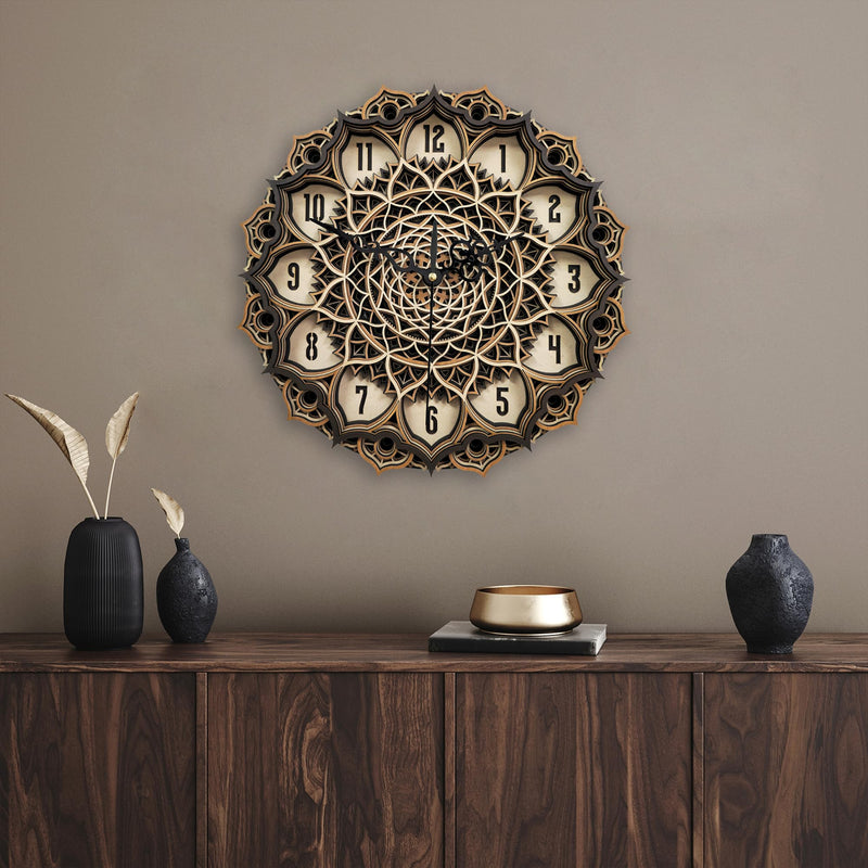 AMC Mandala Wooden Multilayer Round Shape Wall Clock Living Room Clock Unique Wall Decor for Home Decoration and Gifting12X12 INCHES (Design 01)