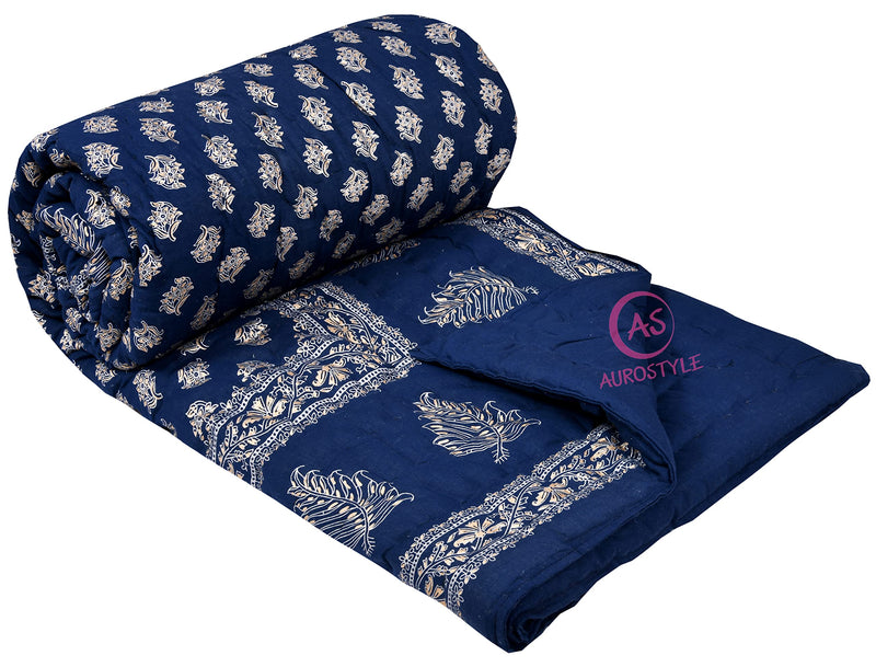 THROWS HOME DECOR 400 TC Double Bed Organic Cotton Jaipuri Razai Bed Blanket Ac Quilt for Winter and Summer Soft Light Weight Rajasthani Traditional Rajai 85 x 100 inch Blue, Pack of 1