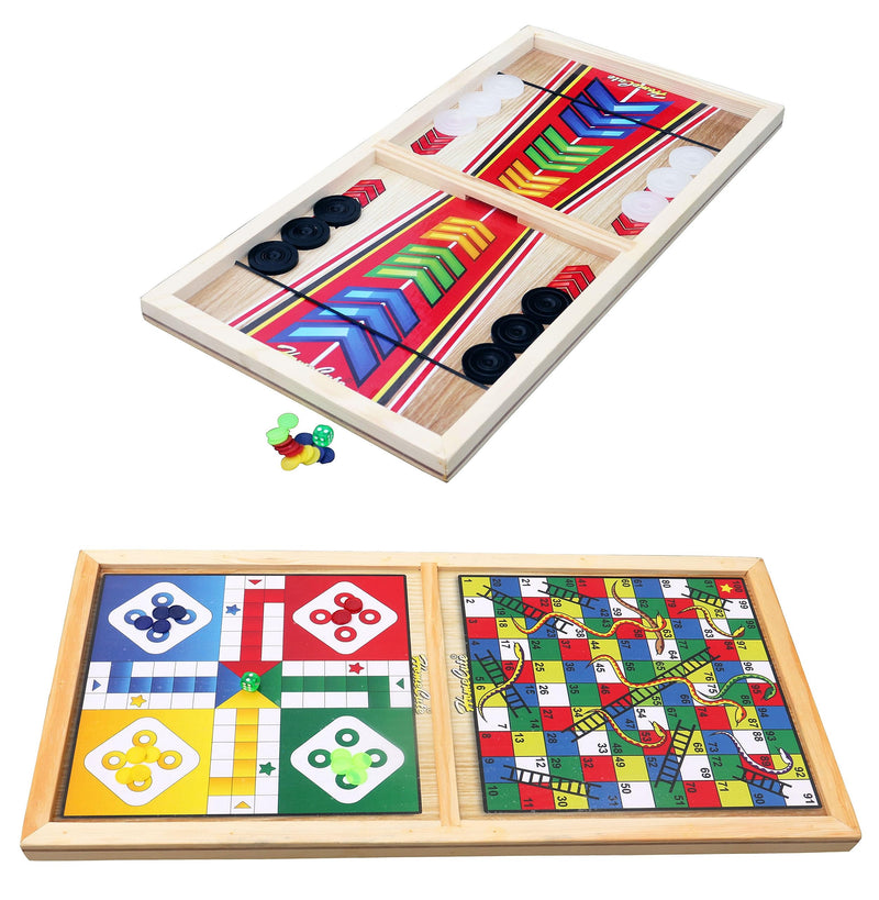 Homecute Wooden Fastest Finger Board Game with Ludo and Snake and Ladder 3 in 1, Indoor Games for Kids, Fast Sling Puck Board Game for Adult Parent Kids Children Family.