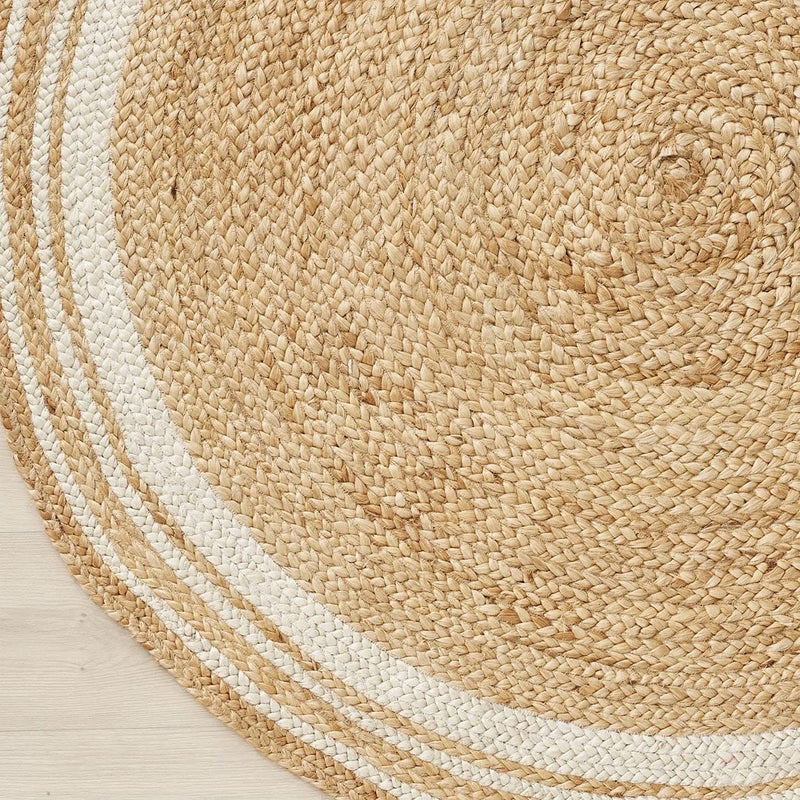 Habere India-All the Cultures Fabricating India Jute Carpet for Living Room, Jute Round Floor Mat, Rugs for Living Room, Jute Centre Table Carpet (Jute + White (Round), Round_3*3 FT)