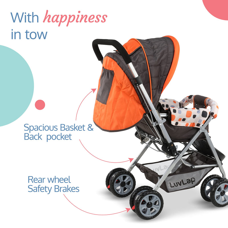 LuvLap Sunshine Baby Stroller / Pram for 0 to 3 Years, New Born / Toddler / Kid, 5 Point Safety Harness, Adjustable backrest, 360° Swivel Wheel, Large storage basket, Reversible Handlebar (Orange)