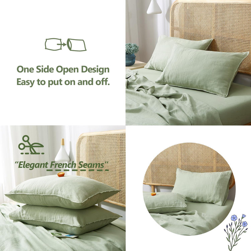 Victory Symbol 100% French Natural Linen Bedding Ultra Soft Stone Washed 4 Piecces Sheets Set(Light Green,Full)