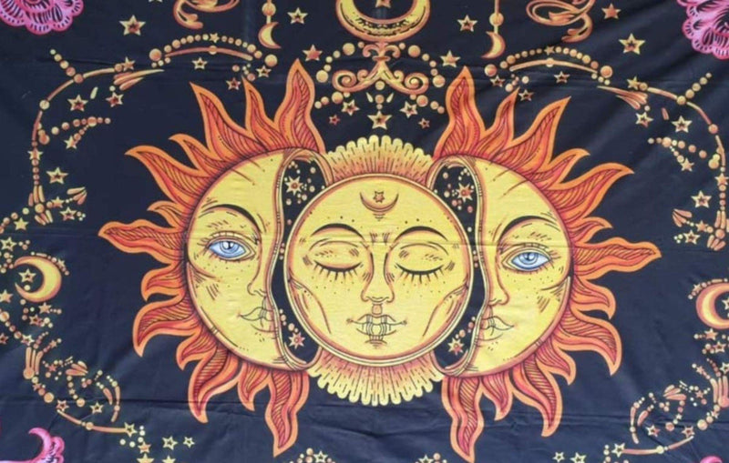 DRAVY HANDICRAFTS Cotton Mandala Sun And Moon Tapestry Wall Hanging with Multi, Brush Twin (Multicolour, 84X54 Inches)