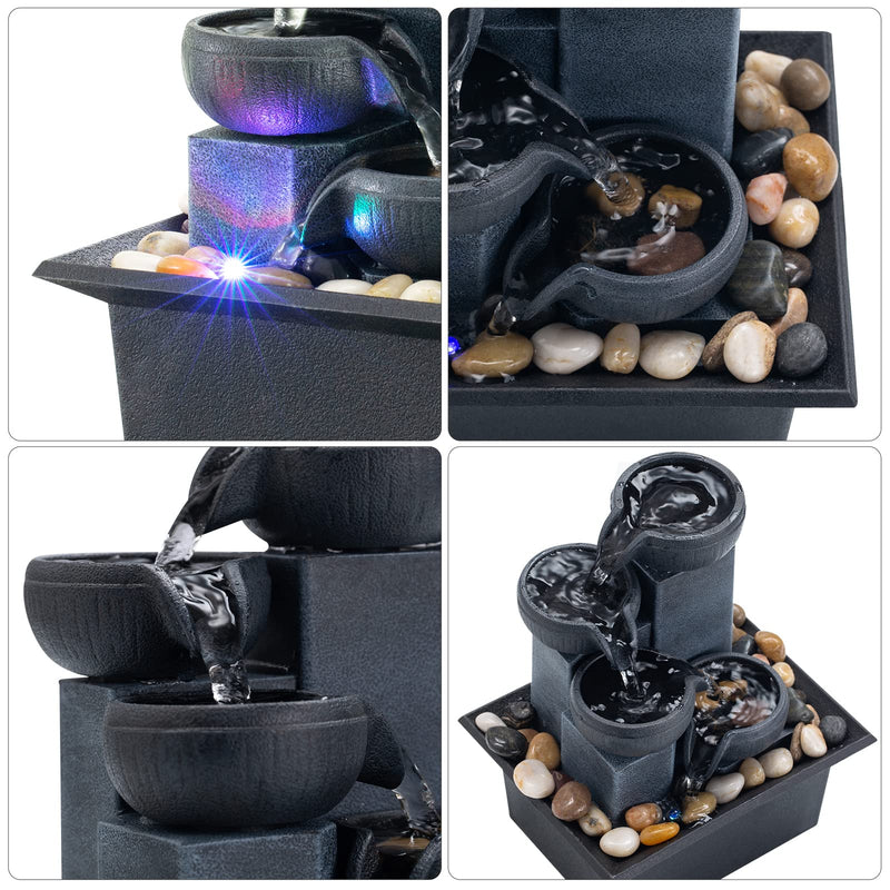 AMOOTEK Tabletop Fountain Indoor Mini Waterfall 4-Tier Relaxation Tabletop Fountain Small Indoor Fountain Meditation Fountain Includes Natural River Rocks and Multi-Coloured Lights (Premium Grey)