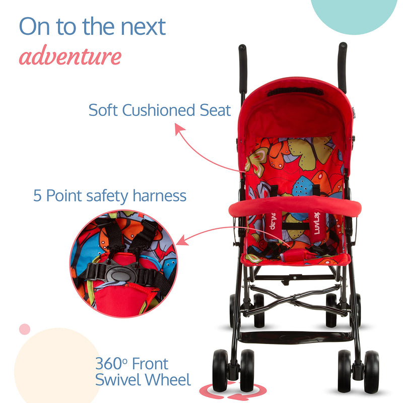 LuvLap Tutti Fruti Baby Stroller/Buggy, Compact & Travel Friendly Baby pram, for Baby & Kids, 6-36 Months, with 5 Point Safety Harness, Adjustable seat Recline, 15Kg Capacity (Red)