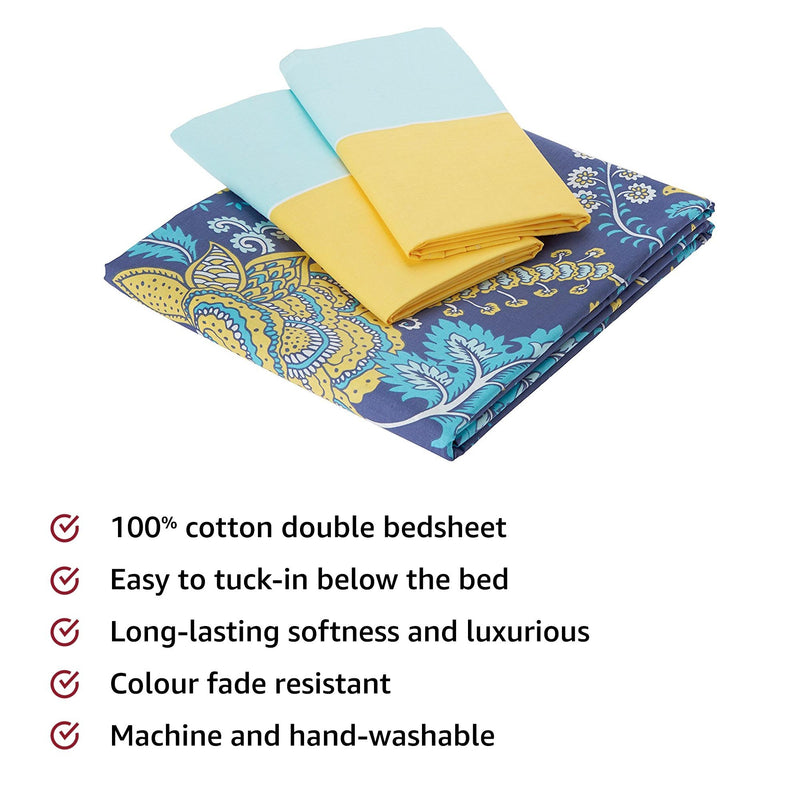 Amazon Brand - Solimo Floral Foliage 144 TC 100% Cotton Double Bedsheet with 2 Pillow Covers, Navy Blue