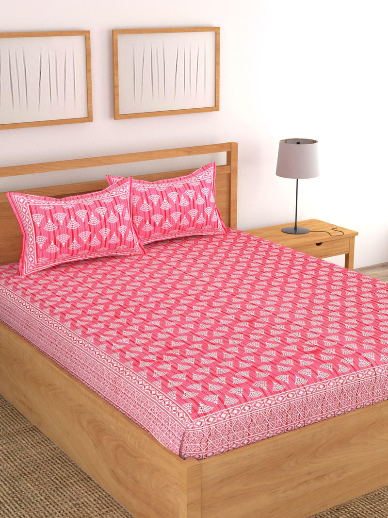 Lali Prints Geometric Block Print King Size Double Bed Jaipur Bedsheet with 2 Pillow Coves (Zip) 100% Cotton - Pink