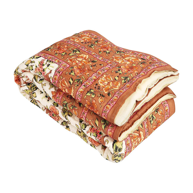 J SHREE Pure Cotton Jaipuri Razai Traditional Sanganeri Print Light Weight razai Double Bed Quilt/Blanket - 85 x Inch X 100 Inch, Multi-Color