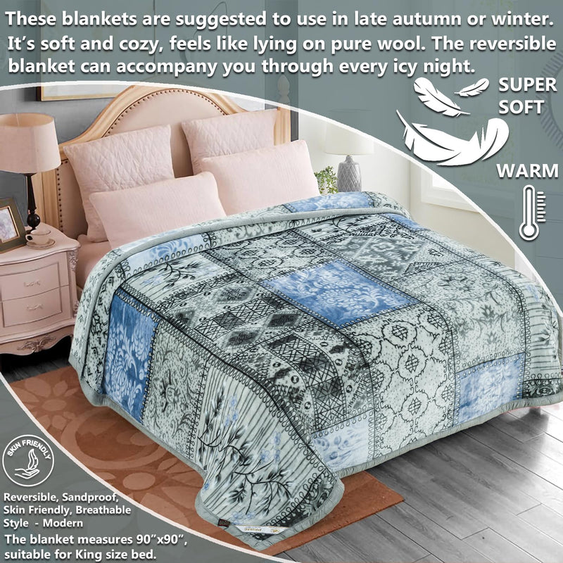 BSB HOME Super Soft Cloudy Printed Double Bed Blanket for Heavy Winter, Single Ply Mink Blanket King Size with 220 x 230 Cm – 3.5 Kg (Grey & Blue, Pack of 1)