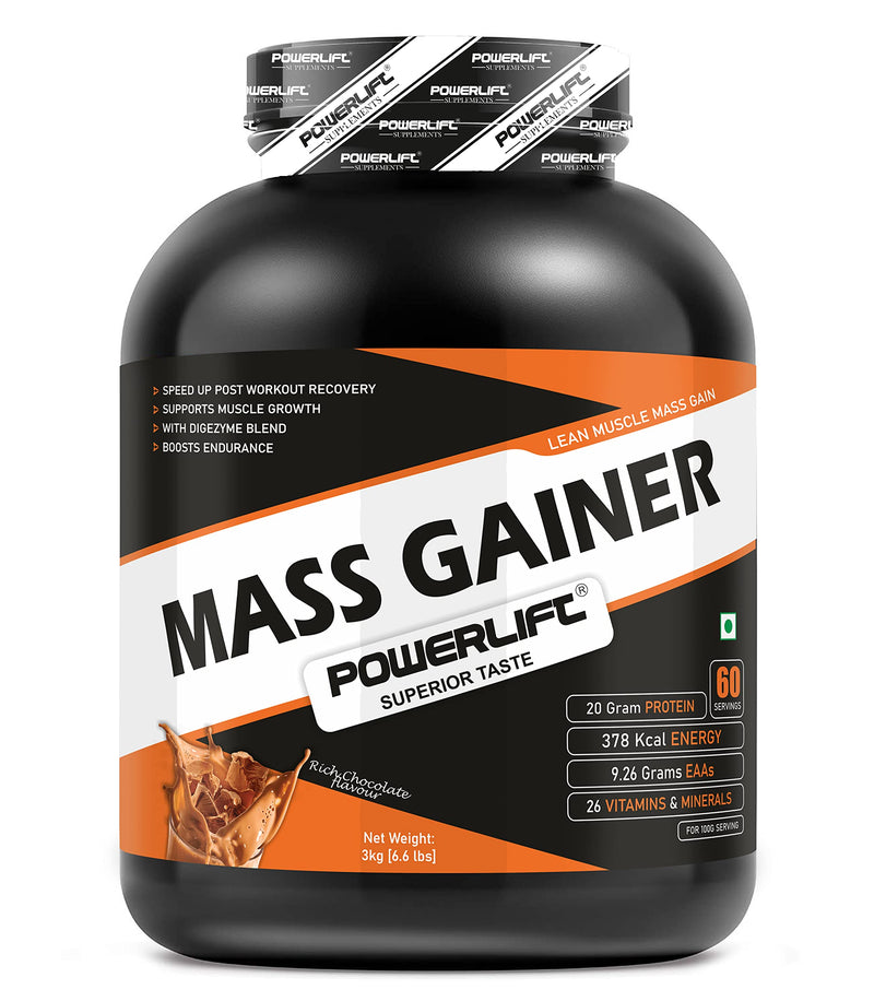 PowerLift Muscle Mass Gainers Protein Powder (3kg Rich Chocolate) High Protein Gainer For Muscles Gain | With Digezyme Blend, added Multivitamins & Minerals