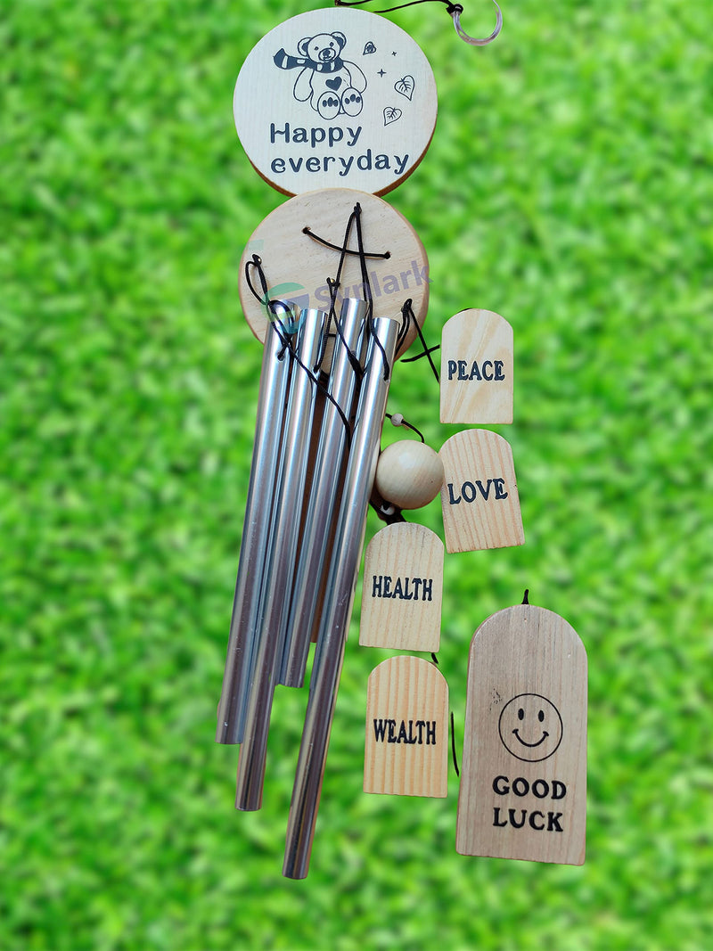 Synlark Good Luck Wooden Wind Chime with Positive Energy 4 Silver Pipes for Home & Office Decoration (34 Inches) (Good Luck)