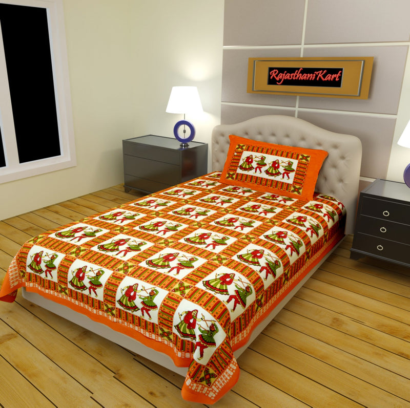 RajasthaniKart Pure Cotton 144 TC Single Size Bed Sheet with 1 Pillow Cover - Bedsheet for Single Bed (Orange, Single Bedsheets Cotton,152)