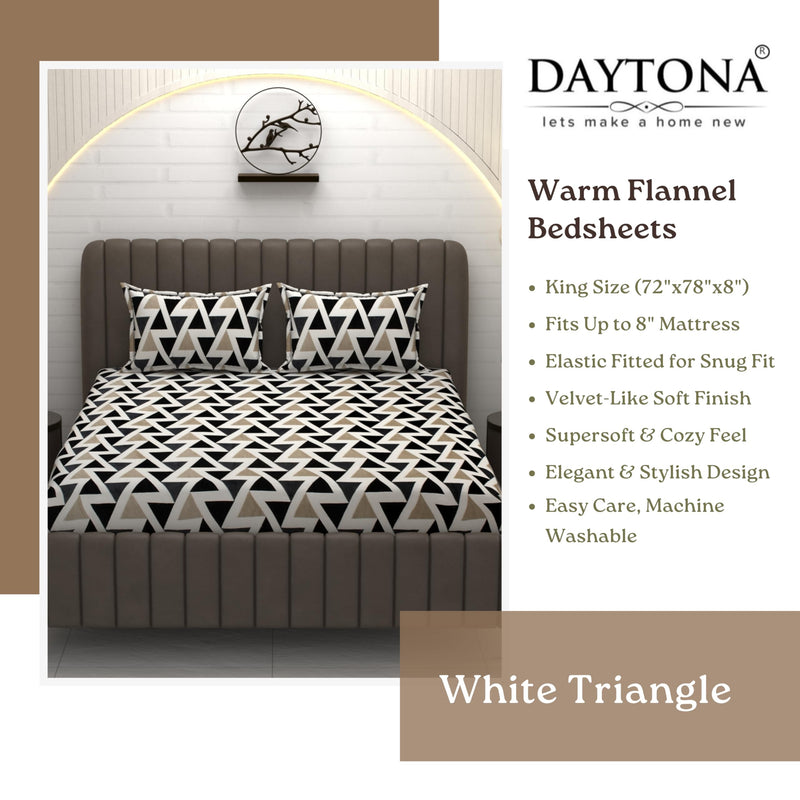 DAYTONA Winter Warm Flannel/Fleece/Velvet King Size All Around Elastic Fitted Bedsheet with 2 Pillow Cover (72" x 78" x 8") | Supersoft (White Triangle, King 72x78)