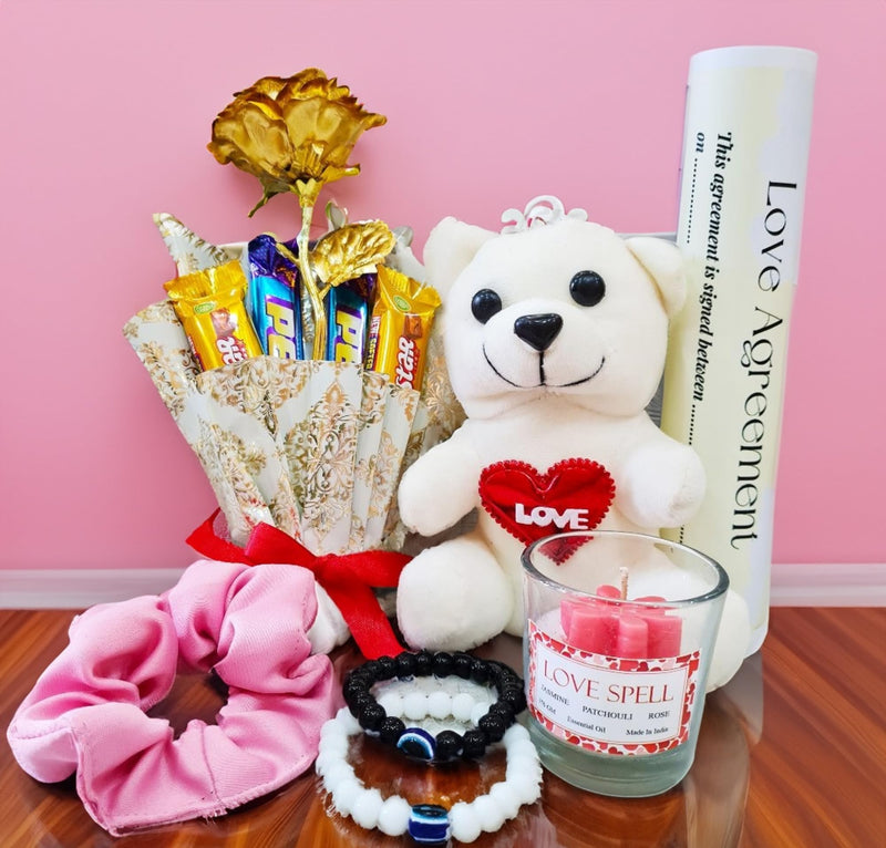 Bansiwala® Ultimate Love Gift Box for Couples -Gold Rose Chocolate Bouquet,Teddy, Bracelets & More- Valentine Week Combo- Boyfriend, Girlfriend, Husaband, Wife, Girls, Boys