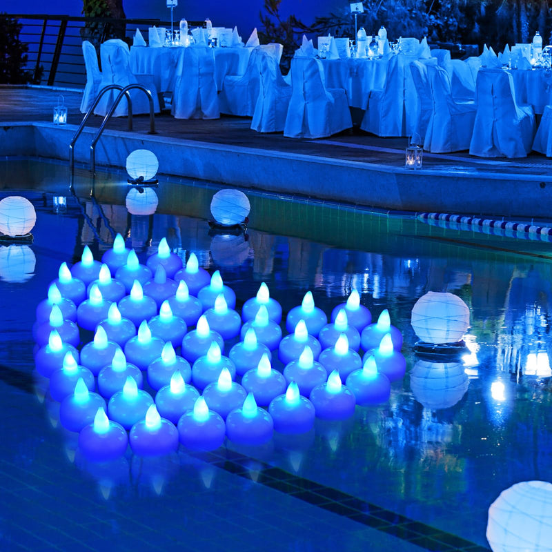 36 Pieces Flameless Floating Candles Waterproof LED Tea Lights Warm White Battery Flickering Water Activated Floating Candles for Holiday Wedding Party Pool Decorations (Blue Light)