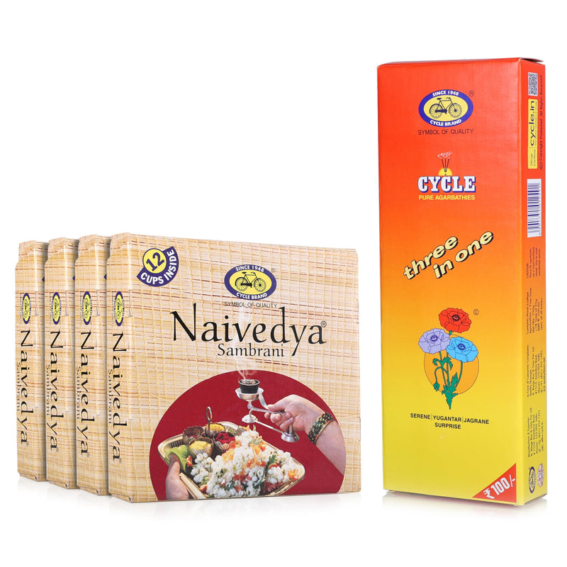 Cycle Pure Naivedya Sambrani Cups (48 pcs) + Three in One Agarbatti (202 GM, 1 Pack) Bundle I Dhoop Cups & Agarbatti Combo for Daily Puja Rituals | Natural Guggal Fragrance | Dhoop Havan Cups for Puja