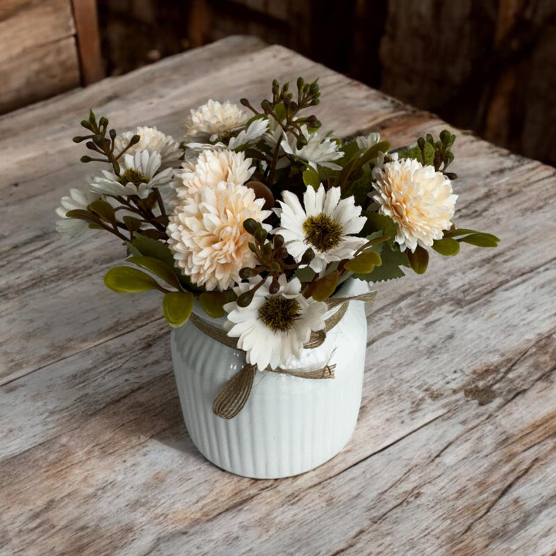 Art Street Artificial Flowers with Ceremic Vase, White Daisy & Hydrangea Flower, Fake Flowers with Pot for Table Top, Dining Table, Home, Living Room & Office (Size: 3.8x6.5 Inch)