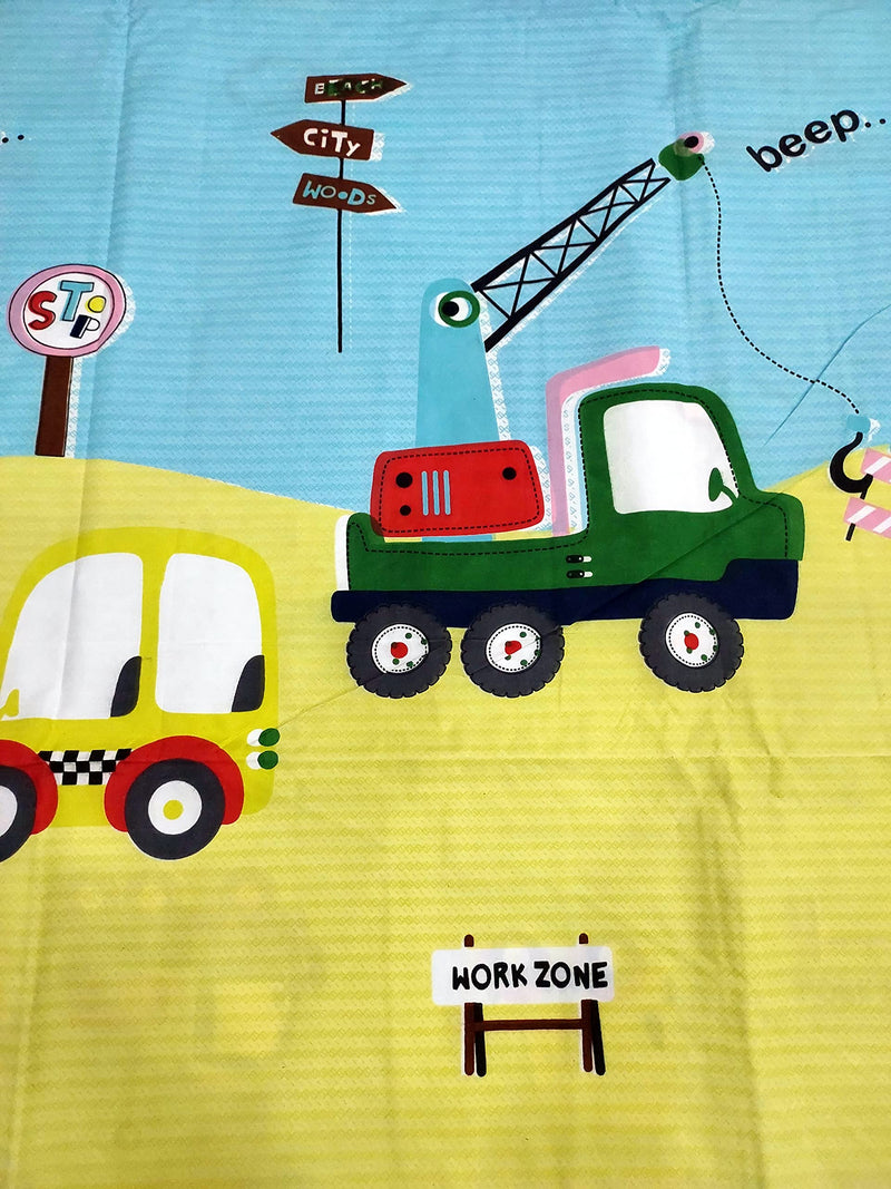 Mosho Yellow 180 TC Glace Cotton Kids Car Crane Cartoon Printed Double Bed Bedsheet with 2 Pillow Covers