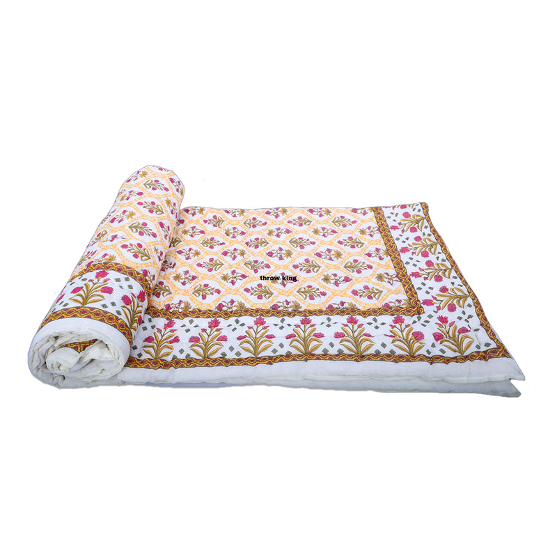 THROW KING Jaipuri razai rajai Single Bed for Heavy Winter Jaipuri Mughal Desing Printed Skin Friendly & Breathable Soft Cozy Single Bed Blanket, Razai, Quilt, Dohar Set of 2 (58 x 90 inch)