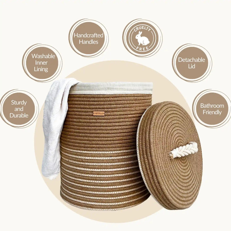 Nobbys Jute Cotton Striped Laundry Basket with Lid and Bottom Spacers (14"D x 18"H) - (2024 Edition)