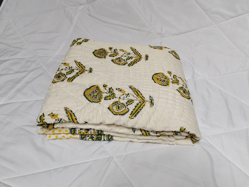 Sibley 210 TC Hand Block Cotton Single Bed Jaipuri Razai Floral Print (60X90 Inche) - Yellow