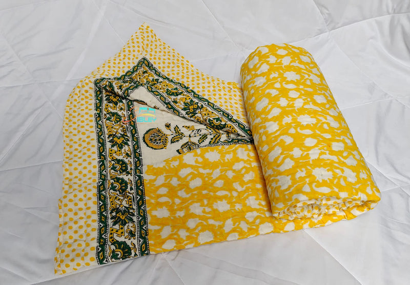 Sibley 210 TC Hand Block Cotton Single Bed Jaipuri Razai Floral Print (60X90 Inche) - Yellow