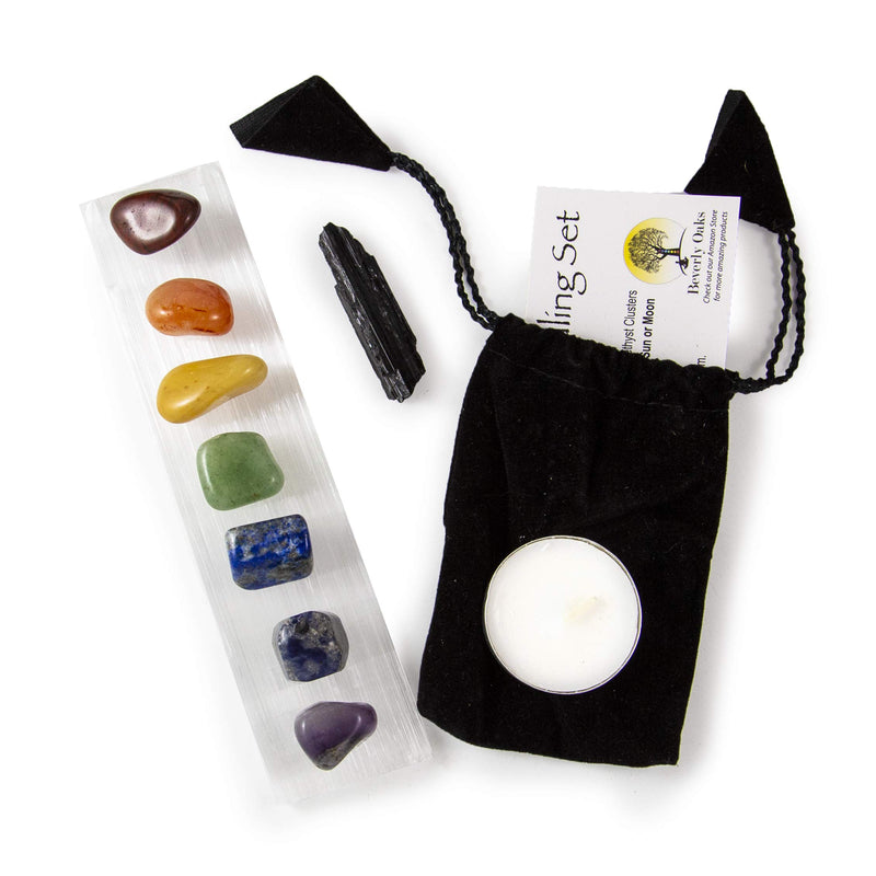 Beverly Oaks 10 pc Chakra Crystal Healing Kit: Large Selenite Bar, 7 Chakra Natural Polished Tumbled Stones in Black Velvet Bag with Chakra Information Card, Black Tourmaline Specimen, Votive, COA