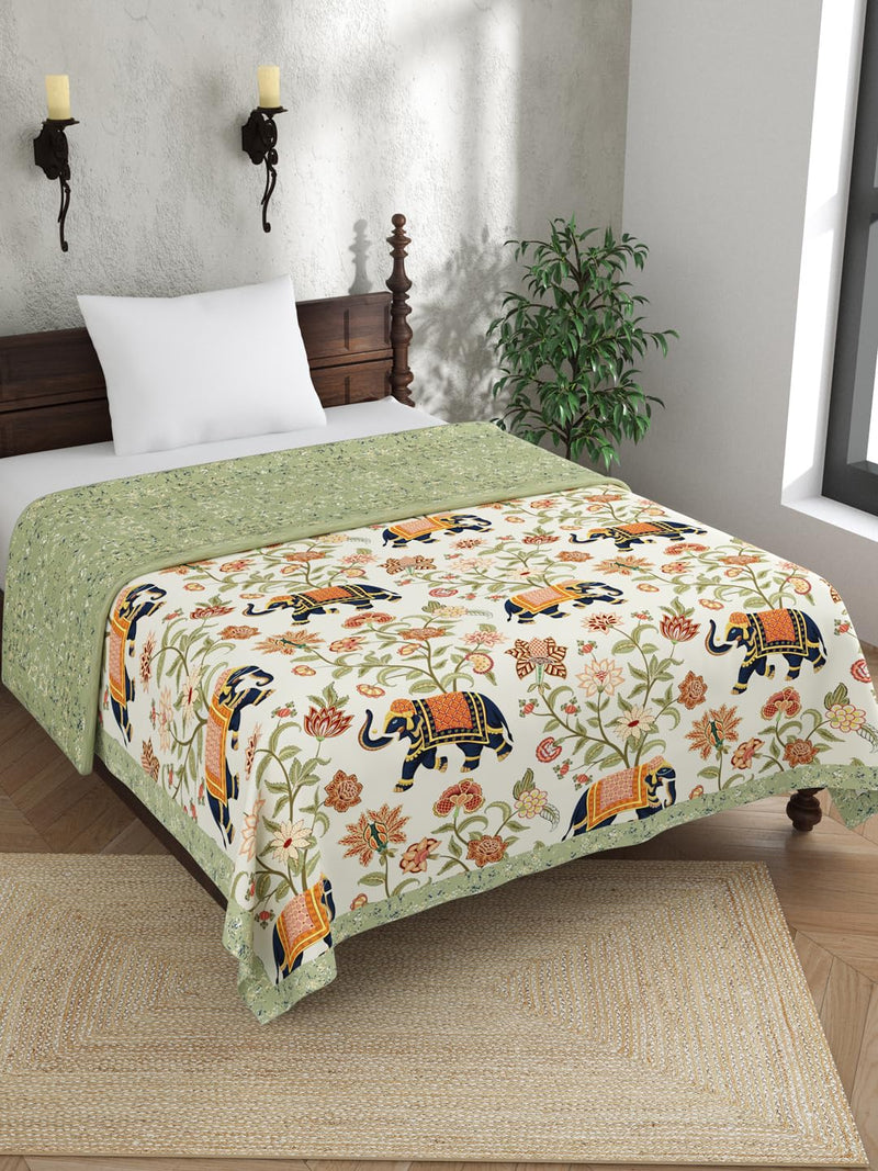 EVER HOME Digital Print Reversible AC Dohar Single Bed Cotton for Summer 120 GSM, Mild Winter Blanket, Green Elephant Print 59 x 88 inches