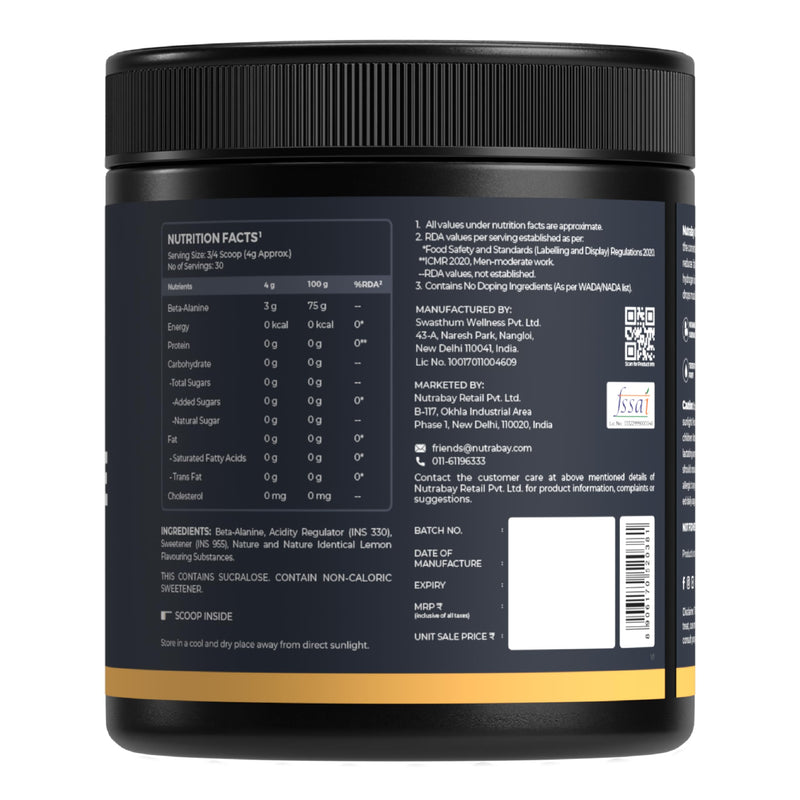 Nutrabay Gold Beta Alanine Supplement Powder - 120g, Lemon Flavor | Pre Workout Amino Acid for Faster Recovery & Endurance