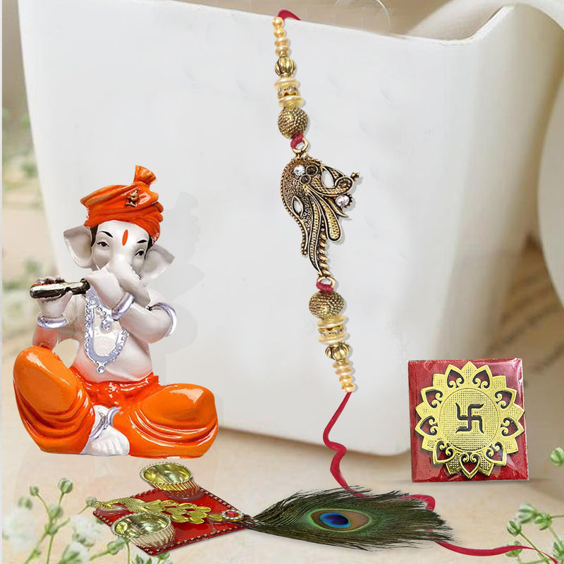 Xtore Rakhi with Ganesha Idol Combo Set | Ganesha Idol Figurine | 1 Ganesha Idol, 1 Rakhi, 1 Swastik, 1 Thali (Pack of 4, Multi)