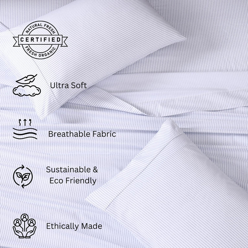 Lane Linen 100% Organic Cotton Double Fitted Sheet Set |Breathable Fabric | Sustainable & Eco Friendly(Ticking STP CBL Blue,Double)