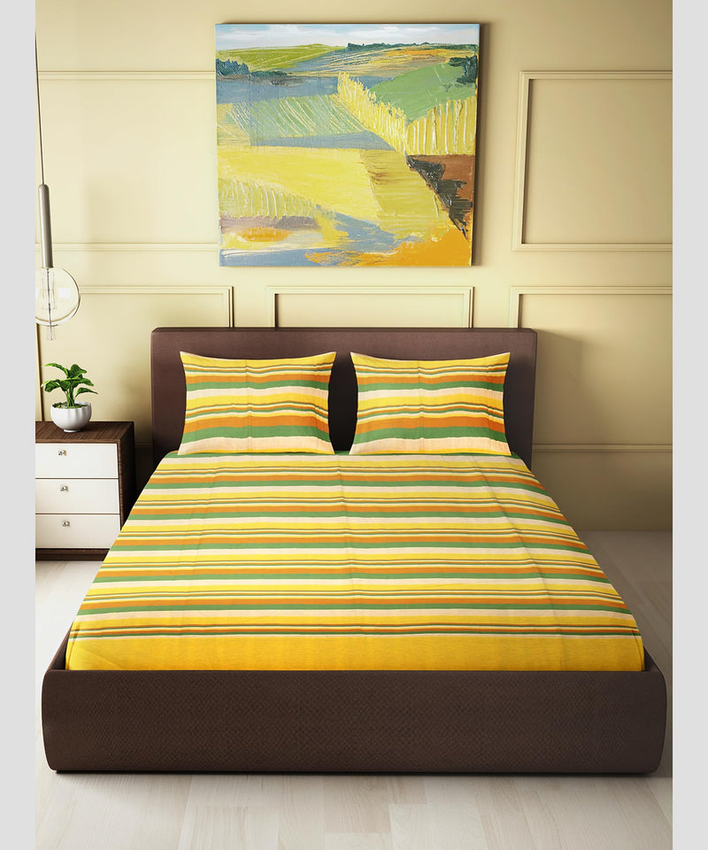 Saras Aajeevika|Handmade Cotton Single Bed Sheet|Yellow Green Line|310 GSM|Hand Block Print|Luxury Soft Sheets|90x60 inches|Yellow Green Line|0.668 Grm