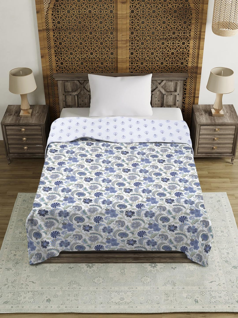 Rajasthan Décor Graceful White and Blue Floral Printed 120 GSM Reversible Cotton Single Bed AC Dohar - Soft and Cozy Lightweight Blanket for All Seasons