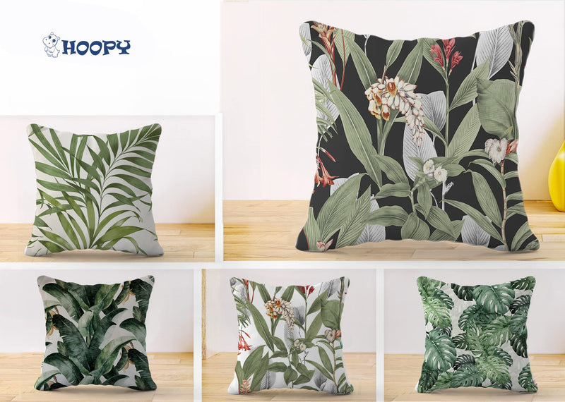 HOOPY Set of 5 Designer Decorative Throw Pillow/Cushion Covers (16 inch x 16 inch, Green Leafs Print)