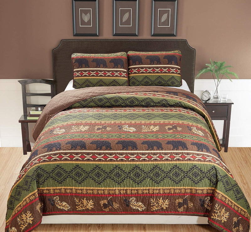 Rustic Western Southwestern Brown Quilt Set With Native American Designs Grizzly Bears and Pinecone Prints King / California King Bedspread 3 Piece Bear King / Cal-King