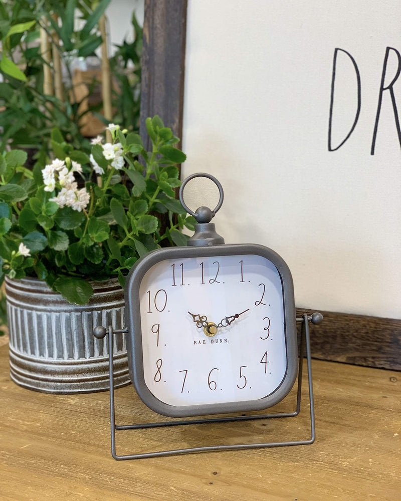 Rae Dunn Desk Clock - Battery Operated Modern Metal Rustic Design with Top Loop for Bedroom, Office, Kitchen - Small Classic Analog Display - Chic Home Décor for Desktop Table, Countertop