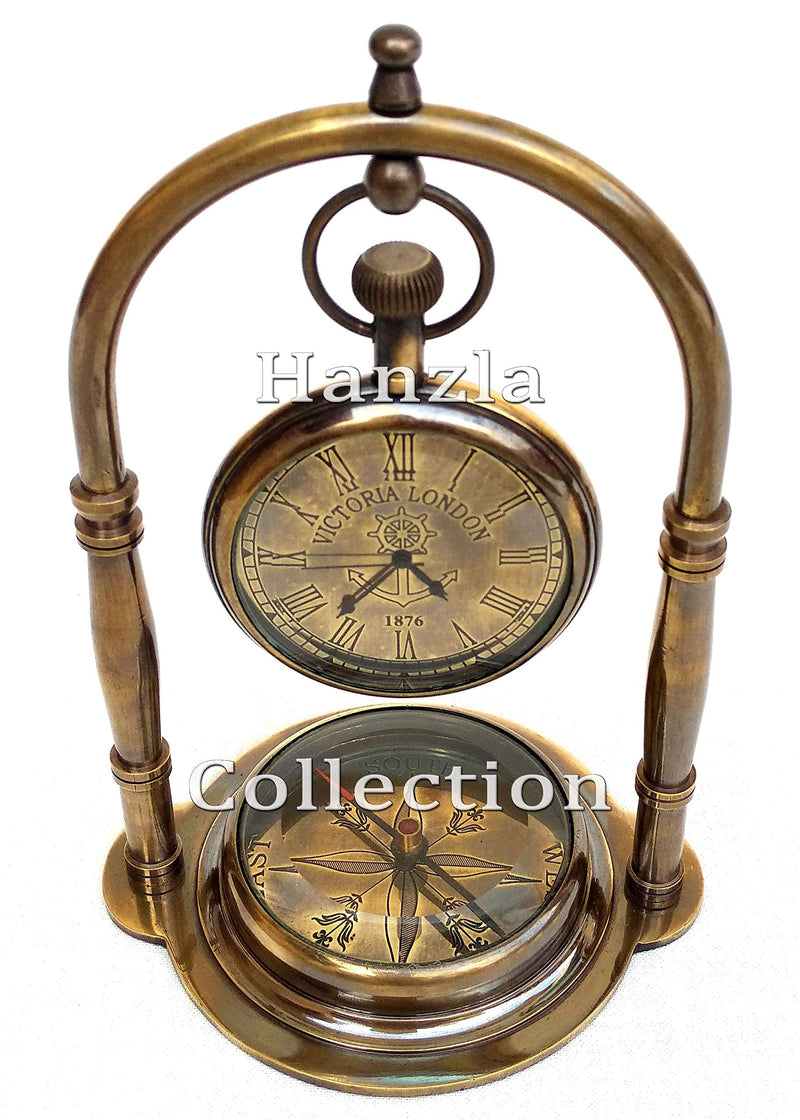 Hanzla Collection Nautical Clock Ship Table Clock Brass and Glass Desk Clock Maritime Compass with Antique Victoria London Pocket Watch, Brown, 3.5 x 3 x 5.5 Inches