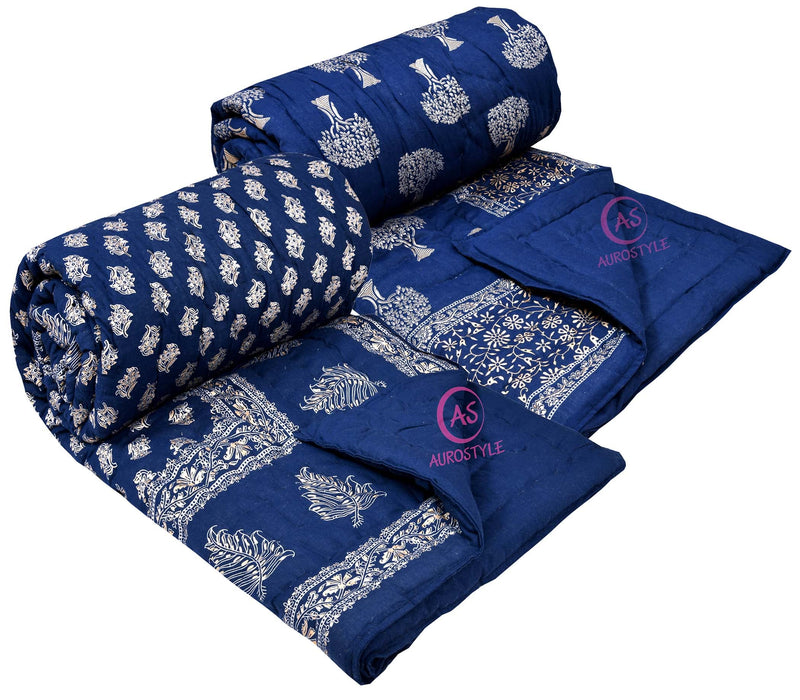 AUROSTYLE Pure Cotton 400 TC Traditional Rajasthani Printed Light Weight Jaipuri Single Bed Quilt/Razai/Rajai (Design 13, Single Bed - Set of 2 Combo Set)