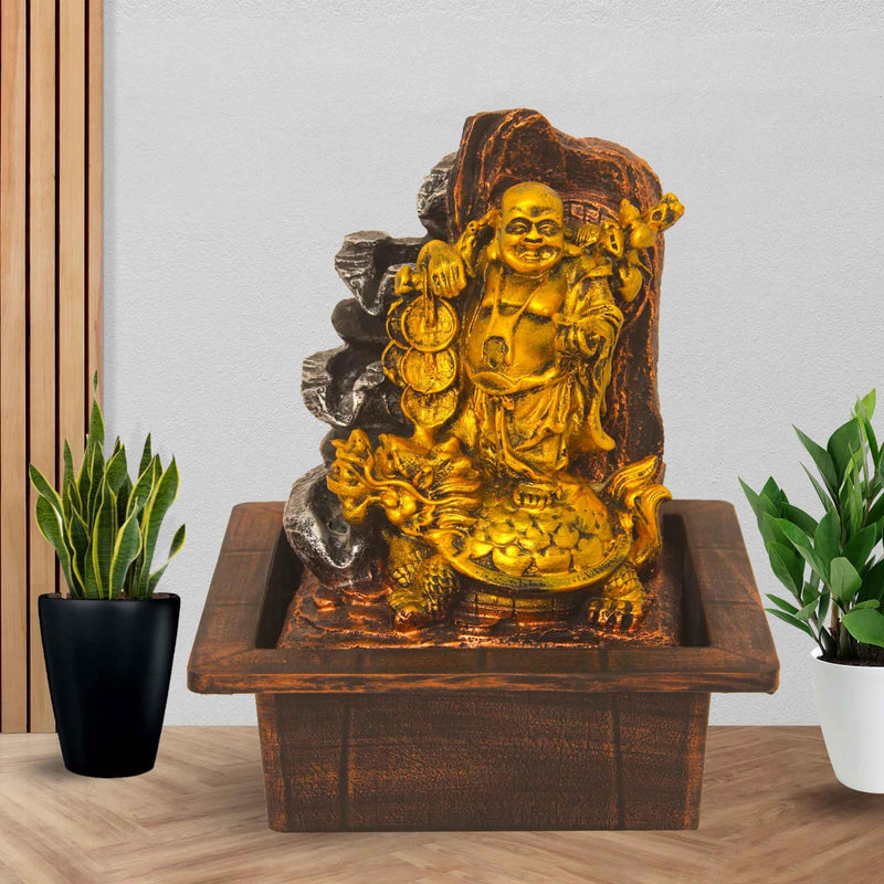 Art N Hub Laughing Buddha Home Decorative Water Fountain Best Home and Office Inauguration Gift Items | Built (21 x 18 x 25 CM | Golden Copper & Silver)