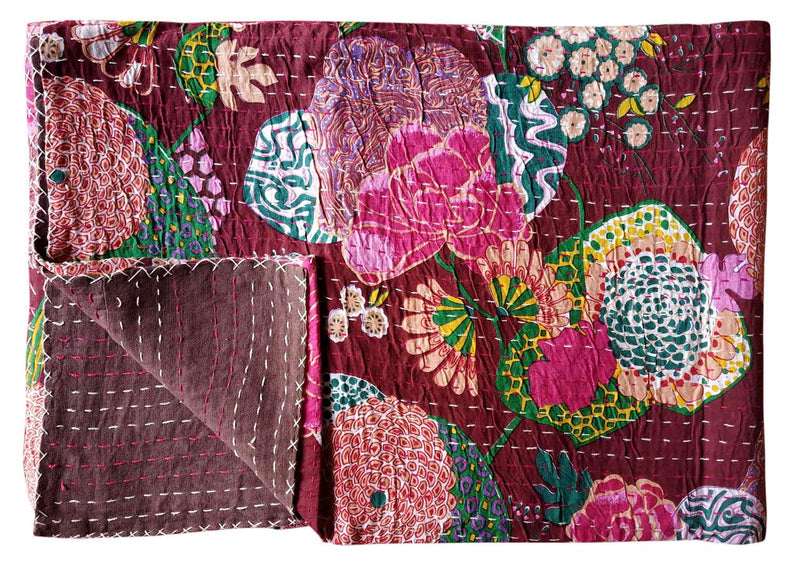 Kirti Textile and Handicraft Rajasthani Floral Printed Handmade Throw Cotton Twin Size Kantha Blanket (Multicolour, 60x90 Inch)