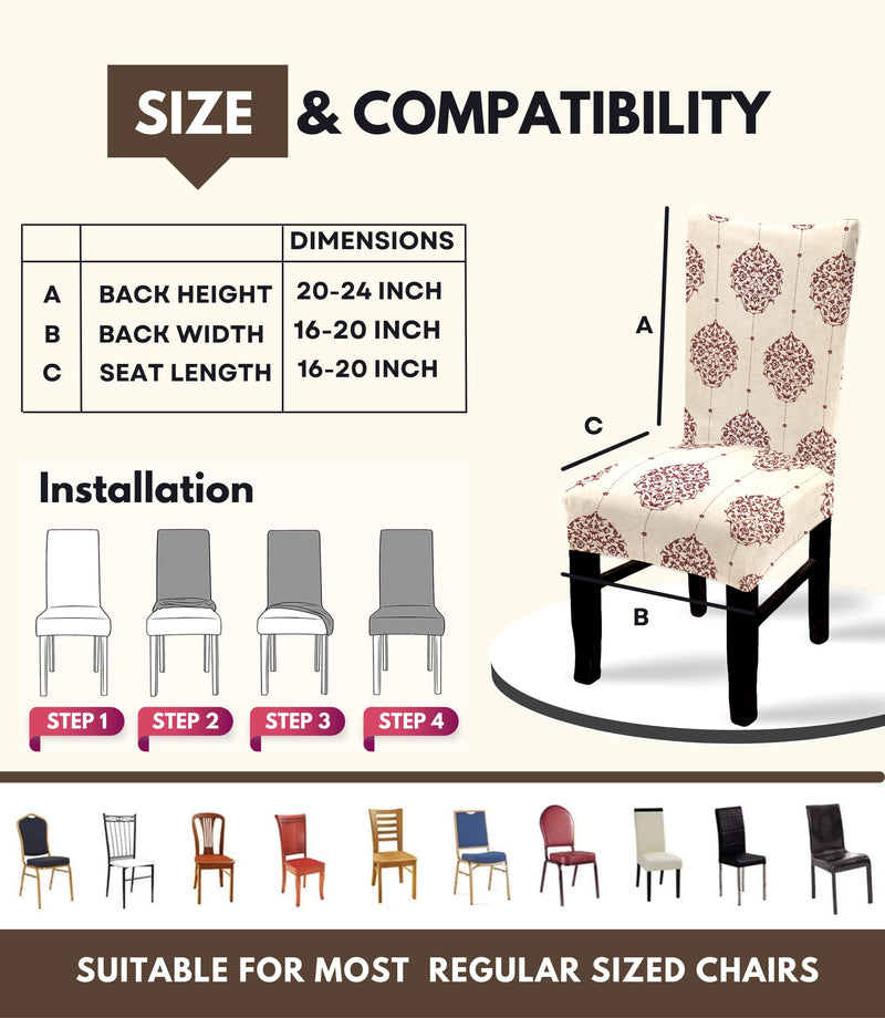 BRIDA ® Poly Cotton Spandex Stretchable Floral Geometric Printed Dining Chair Covers Elastic Chair Seat Case Protector, Slipcovers (6 Chair Cover, Damask Beige)