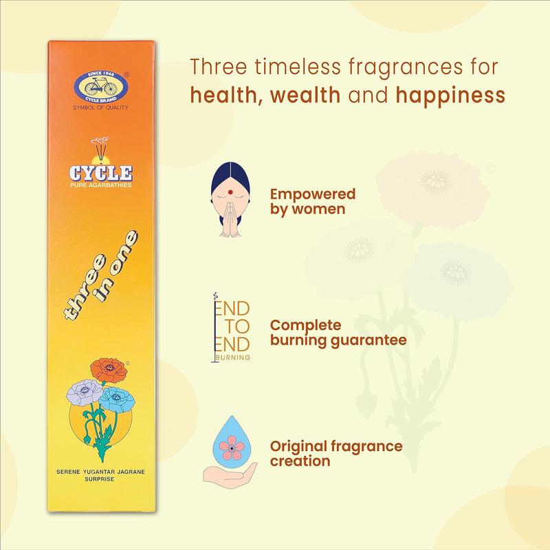 Cycle Pure Agarbatti Three in One Incense Sticks || Pack of 3 (202gm per Pack) || 3 Signature Fragrances Floral, Woody, Lily I Natural Fragrance for Puja, Meditation, Refreshing Ambience