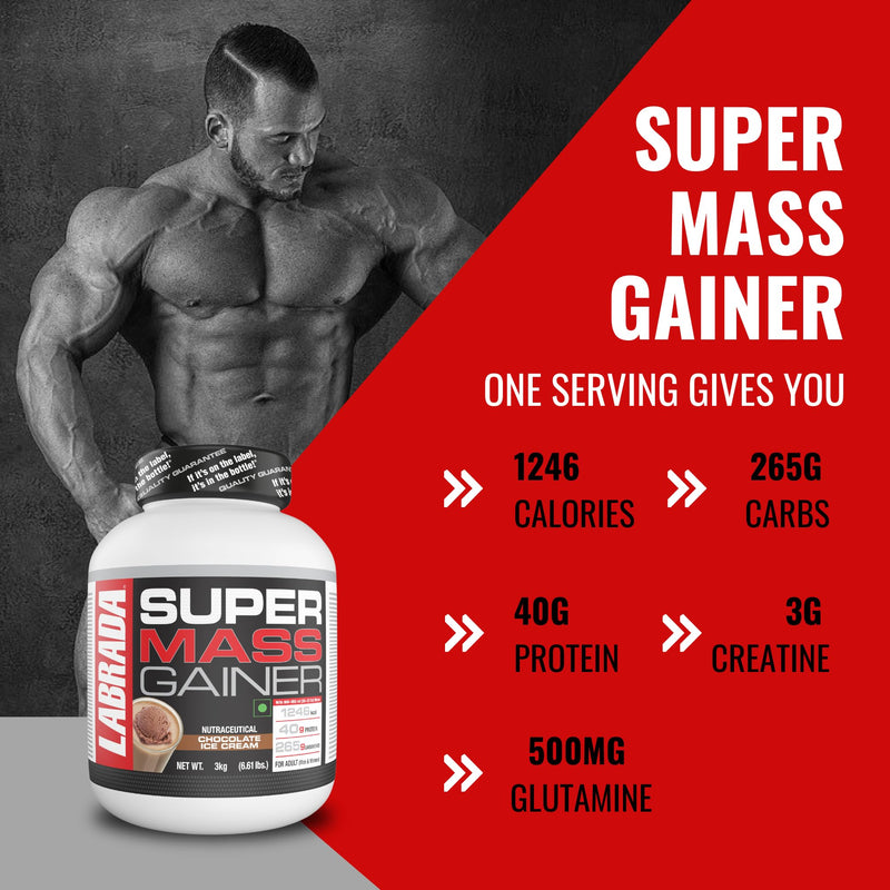 Labrada Super Mass Gainer 3kg | High-Calorie Protein Powder for Muscle Growth and Recovery |1246 Calories | 40g Protein | 265g Carbs | Chocolate Ice Cream Flavor | 3g Creatine | 500mg Glutamine.