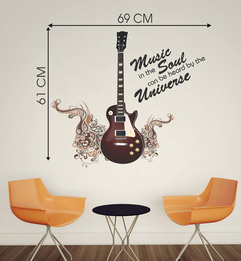 DivineDesigns™ Vinyl Brown Guitar with Quotes Music Soul Universe Wall Sticker for Music Lovers Living Room, Bedroom, Office (22X22 Inch) Pack of 1