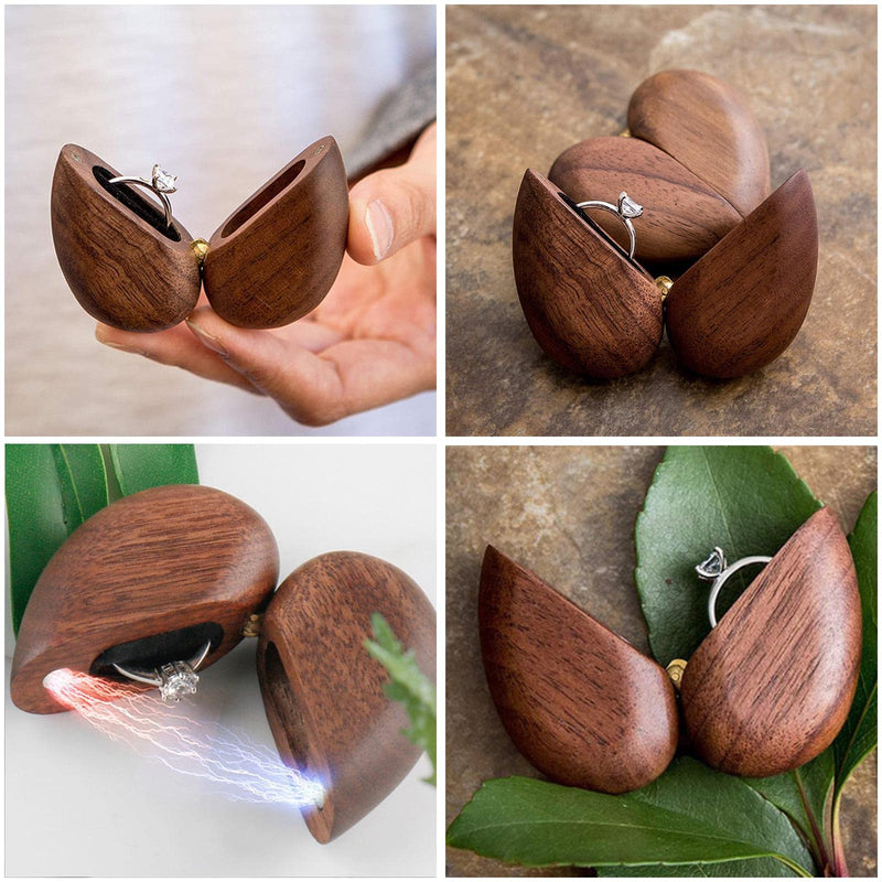 CALANDIS Heart Shaped Walnut Wood Ring Box Organizer Portable double magnet closed