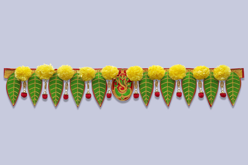 Shreeji Handicraft Ganesh Pan Toran with Artificial Yellow Marigold Flower Door Toran Toran, 25.4 CM