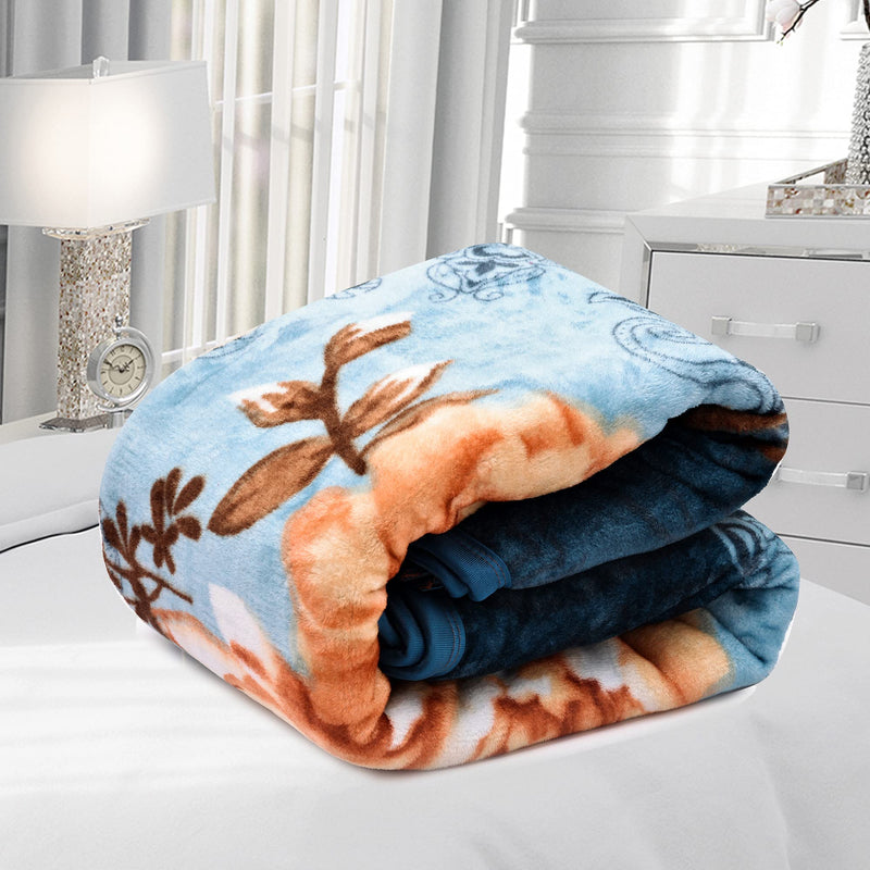 SPANGLE Printed Floral Self Warm Soft Luxurious 400 TC Micro Fibre Double Bed Blanket (Sky Blue & Brown)