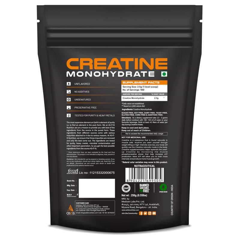 AS-IT-IS Nutrition 100% Creatine Monohydrate, Pure 2.5g Micronized Powder with Rapid Dissolution & Absorption, USA Labdoor Certified for Accuracy & Purity, Supports Performance & Recovery- Unflavored, Single Ingredient- 250g (100 servings)